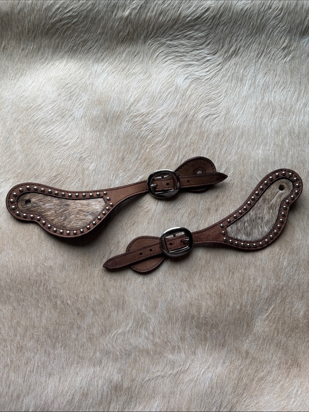 Brown Leather Hair-On Spur Straps with Studs